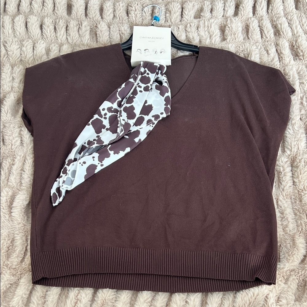 NWT Cynthia Rowley Brown Knit Top with Cow Print Neck Scarf Size Large